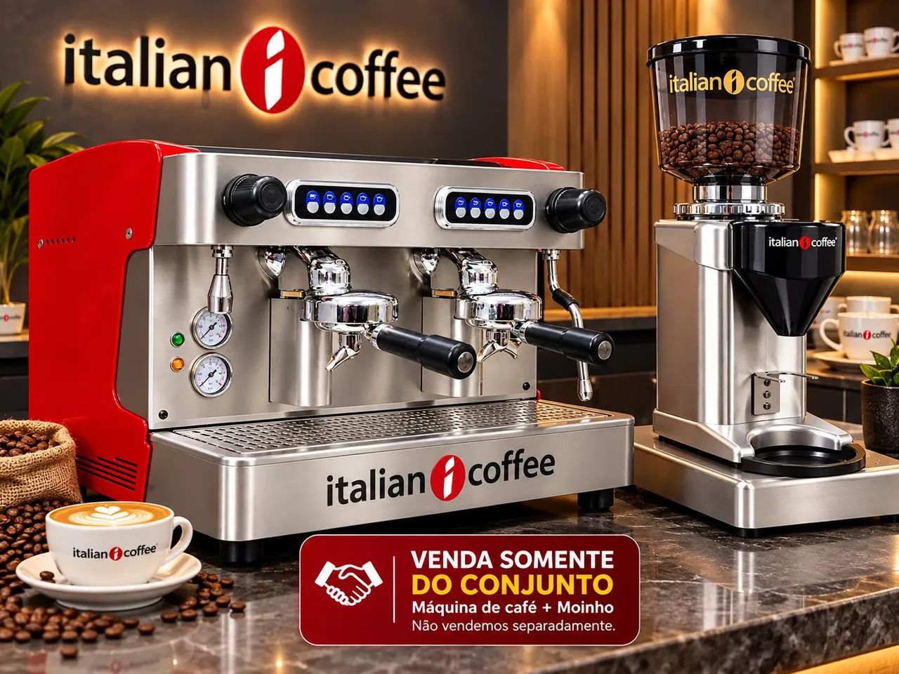 Máquina para café expresso Italian Coffee profissional e moinho eletrônico 