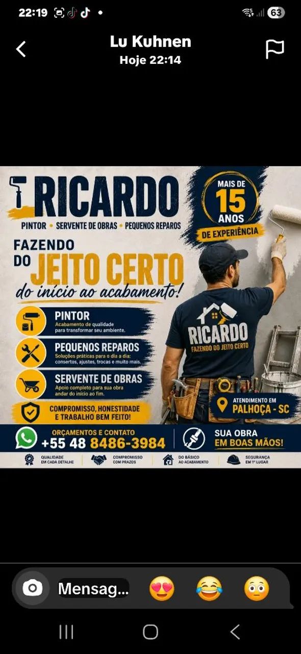 Faço serviço de pintura e pequenos reparos ou ajudante de pedreiro 