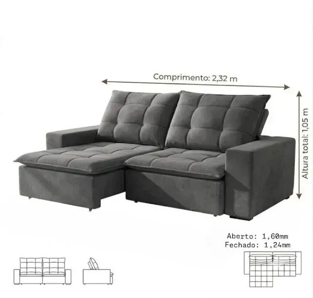 Sofá Retrátil e Reclinável Angra Cinza 2,32m | Veludo Premium - Foto 2