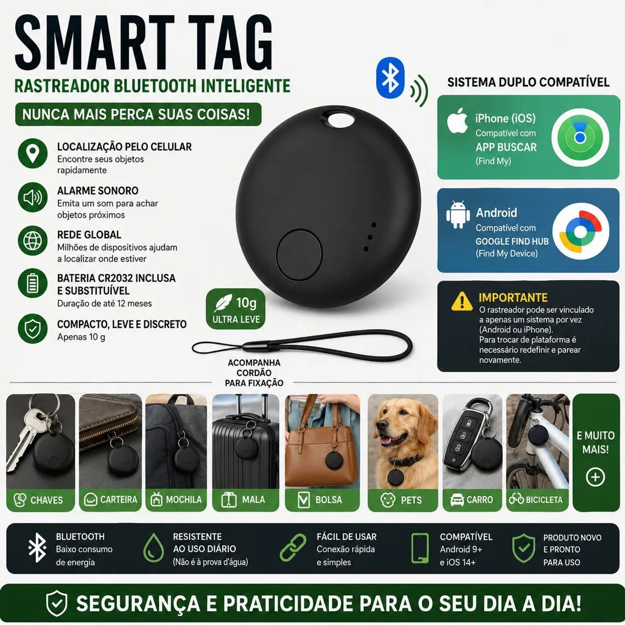 Rastreador Smart Tag Bluetooth Android e iOS Compatível Find My e Google Find Hub Preto - Foto 2
