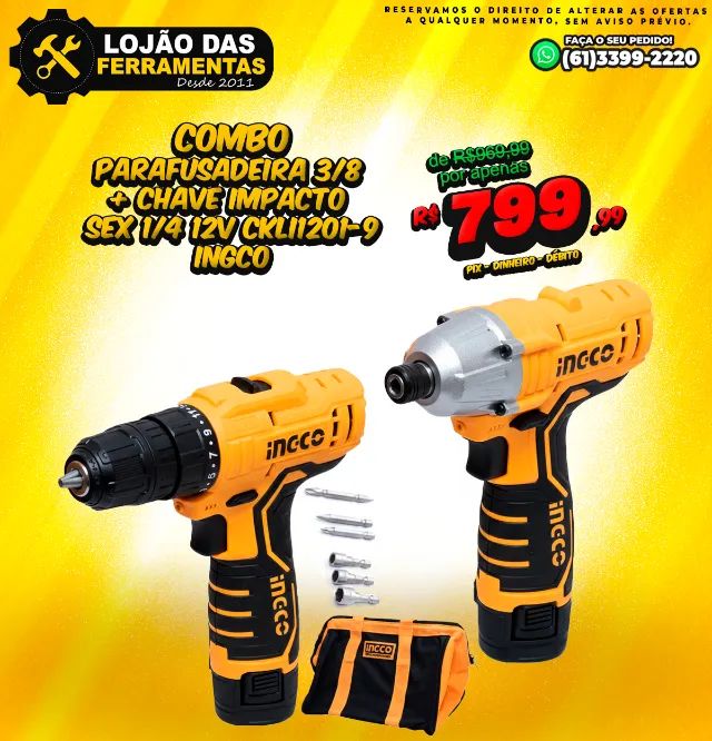 Combo Parafusadeira 3/8 + Chave Impacto Sex 1/4 12V CKLI1201-9 Ingco