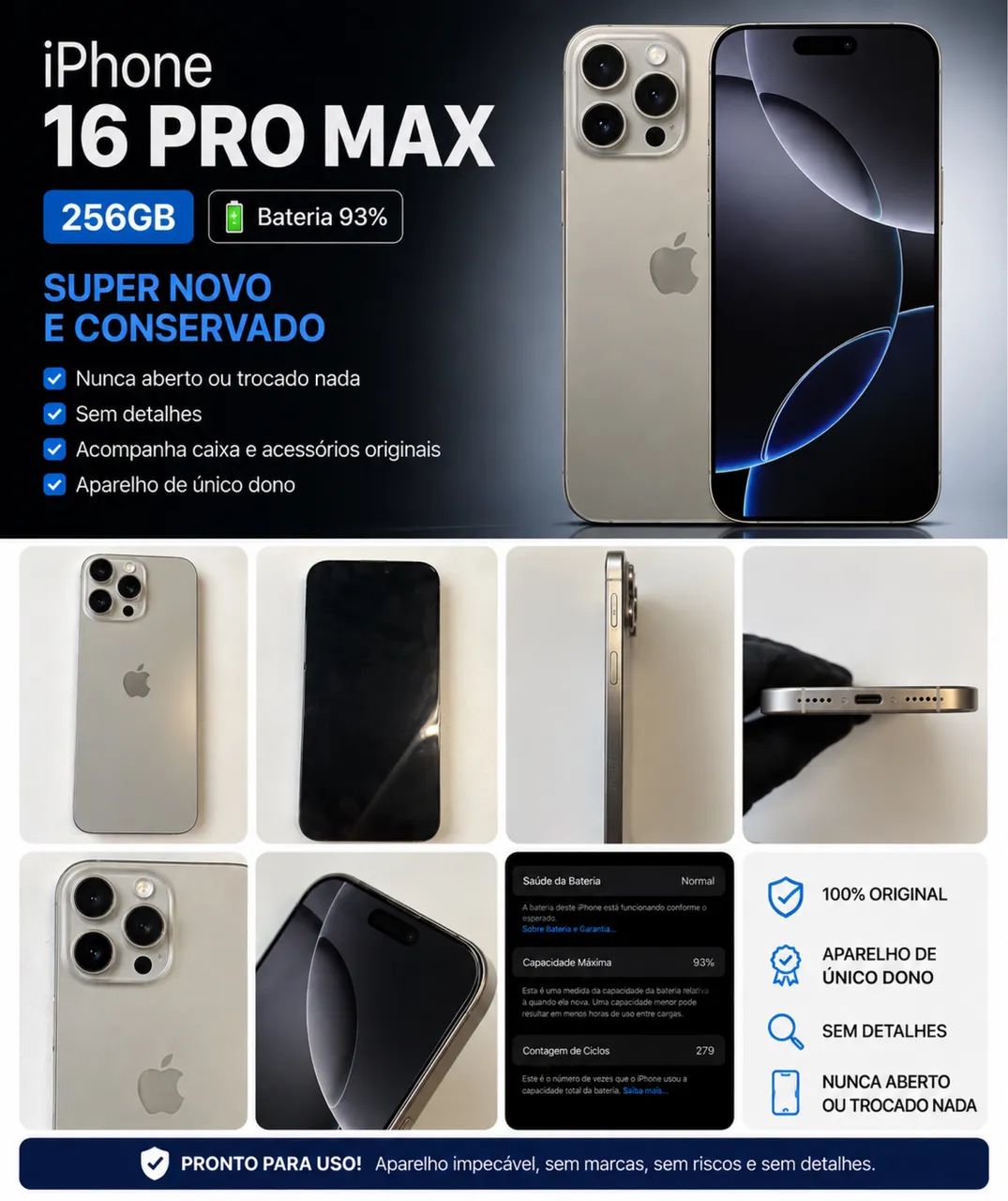 Iphone 16 pro max 256gb 93% bateria
