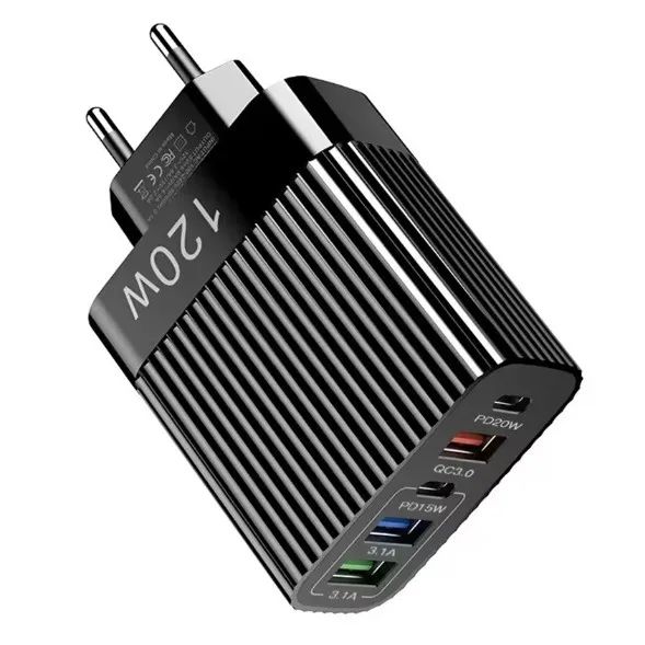 Carregador Rápido 120w 5 Portas (3 USB + 2 PD Tipo C) | NOVO