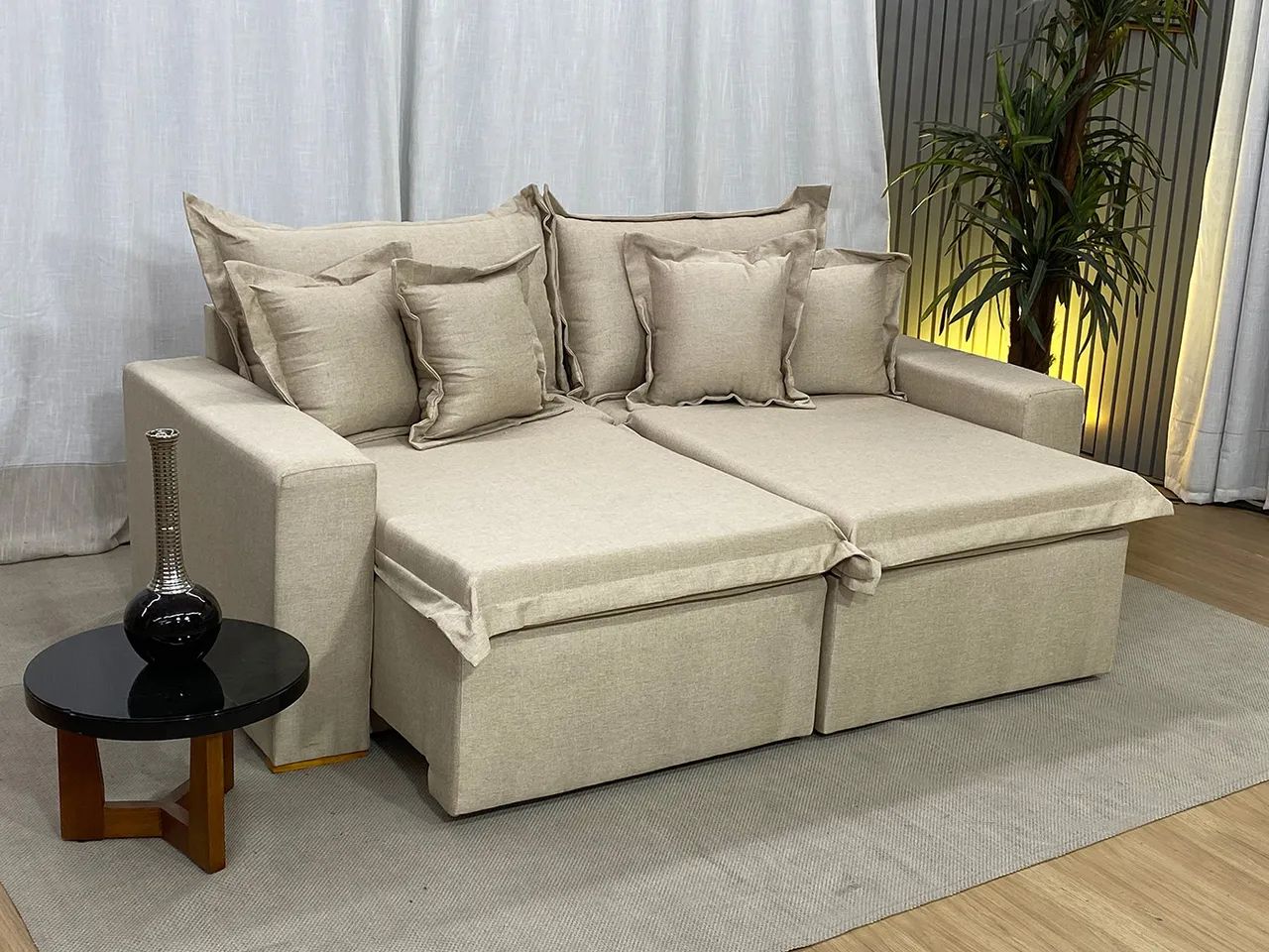 Sofá Cama Retrátil 2,00m Linho Bege Molas Ensacadas Pillow Top a87