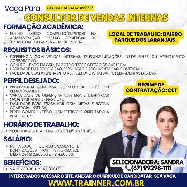 OPORTUNIDADE PARA CONSULTOR DE VENDAS INTERNAS