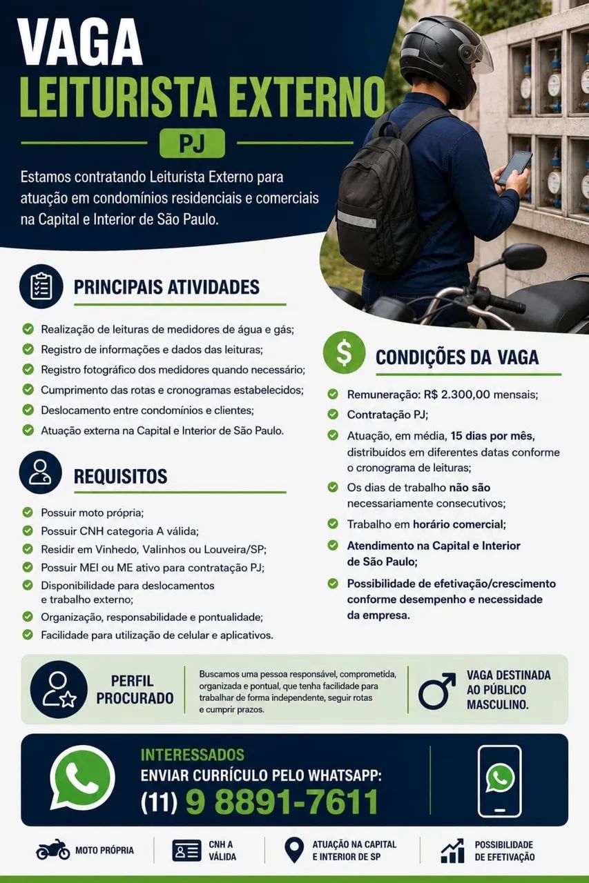 VAGA PARA VINHEDO E REGIÃO (INÍCIO IMEDIATO)