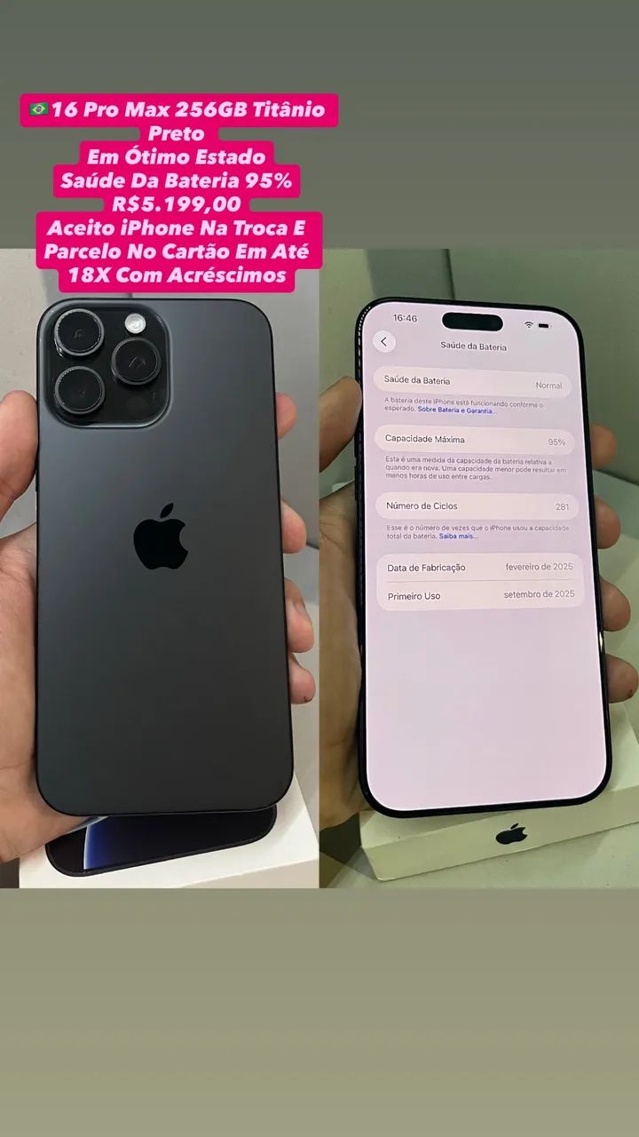 iPhone 16 Pro Max 256GB Titânio Preto - Saúde Da Bateria 95% (Usado)
