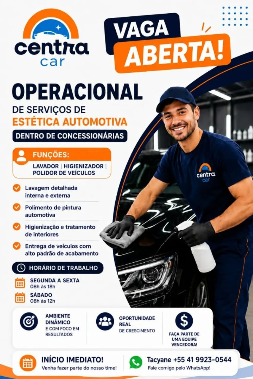 VAGA PARA LAVADOR(A)/ VAGA PARA POLIDOR(A)/ VAGA PARA HIGIENIZADOR(A) EM CONCESSIONÁRIA