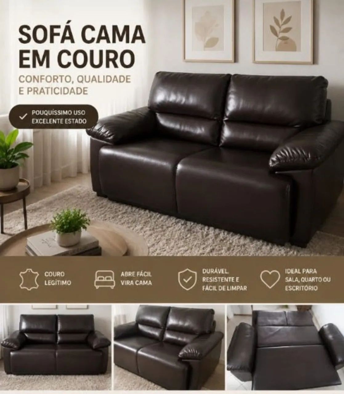 Sofá-Cama revestimento em couro lindo