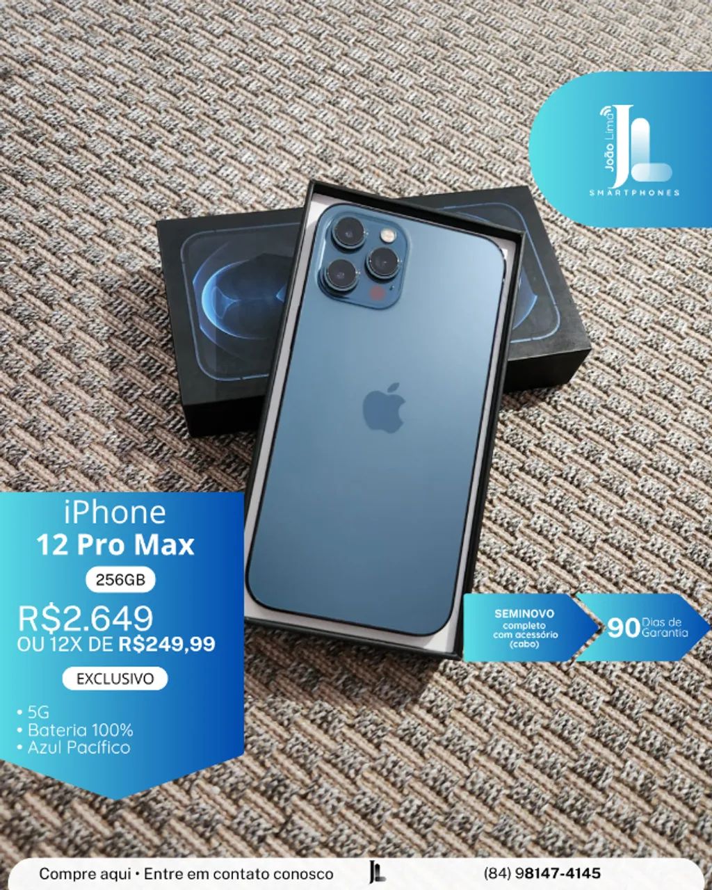 IPHONE 12 PRO MAX, 5G, 256GB, AZUL PACÍFICO, BAT 100%, SEMINOVO