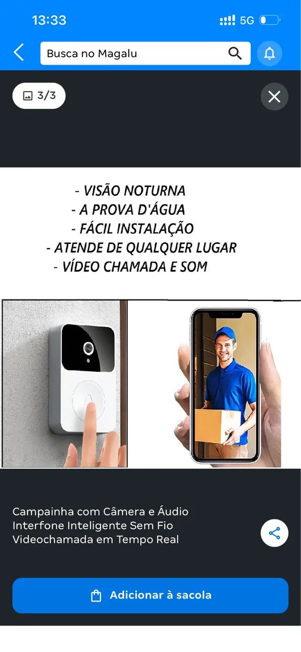 Campainha com Câmera e Áudio Interfone Inteligente Sem Fio Videochamada em Tempo Real - Foto 2