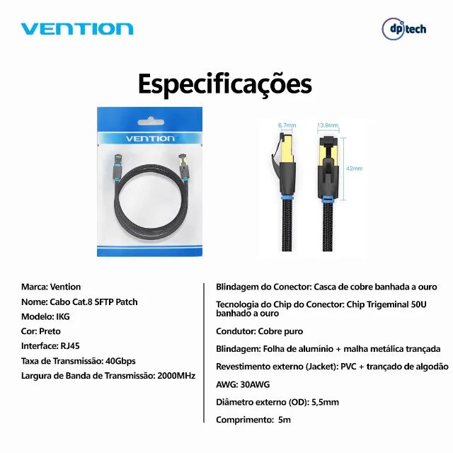 Cabo Ethernet CAT8 40Gbps 2000MHz | 5 metros | Vention -Entrega Grátis- - Foto 5
