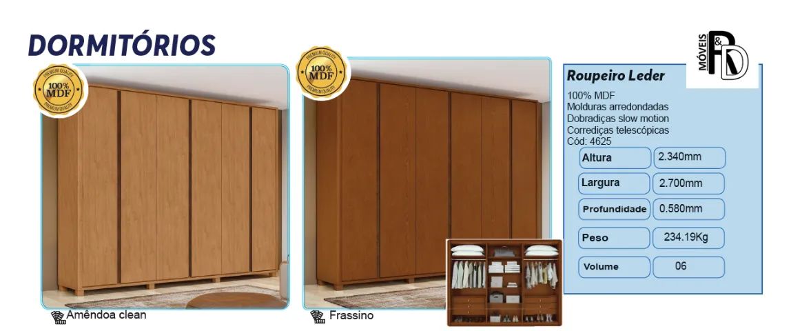 Roupeiro Guarda Roupa Leder 100% MDF