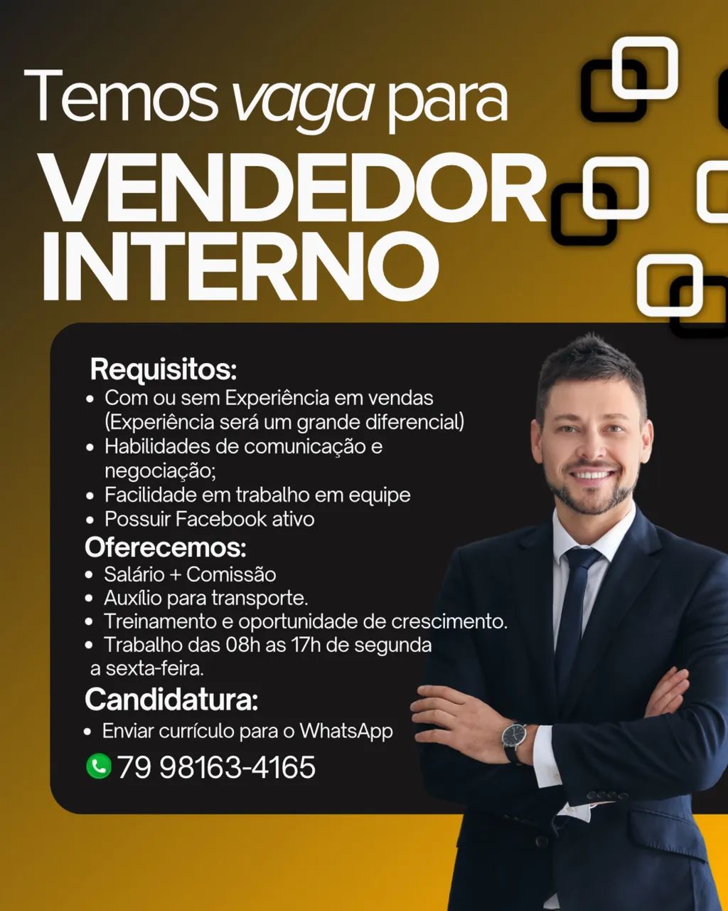Vaga de vendedor (a) interno 