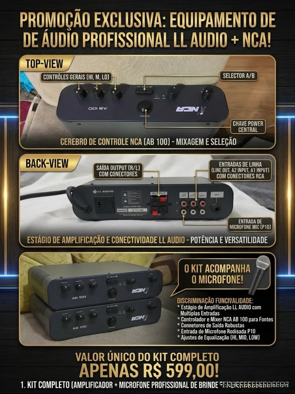EQUIPAMENTO DE DE ÁUDIO PROFISSIONAL LL AUDIO + microfone