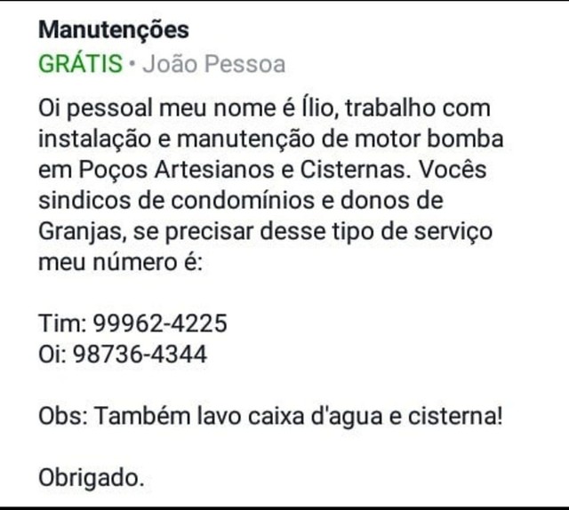 Serviços p/ poço artesiano- cisternas - cx d'água 