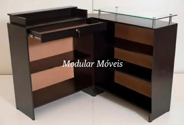 Balcão Caixa em L + Balcão com Tampo de Vidro - MDF Preto