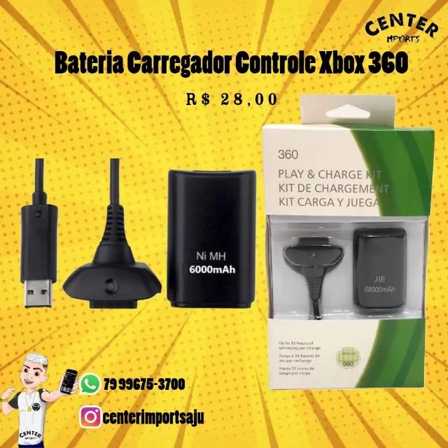 Bateria P/ Controle Xbox 360 + 1 Cabo Carregador 1.4m