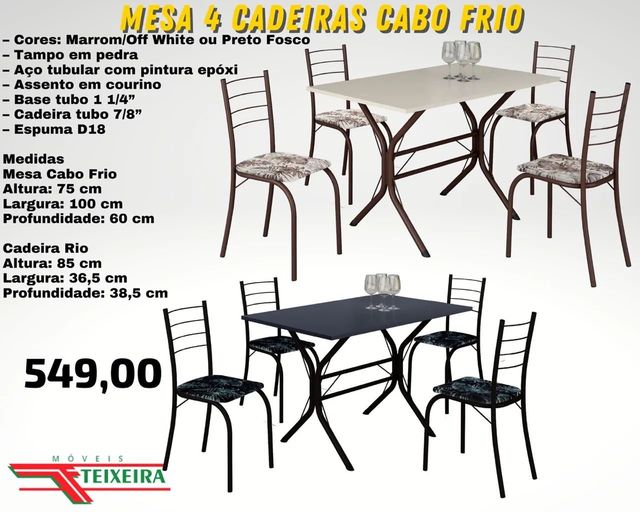 Mesa 4 cadeiras em granito 100x60 - FRETE GRÁTIS 