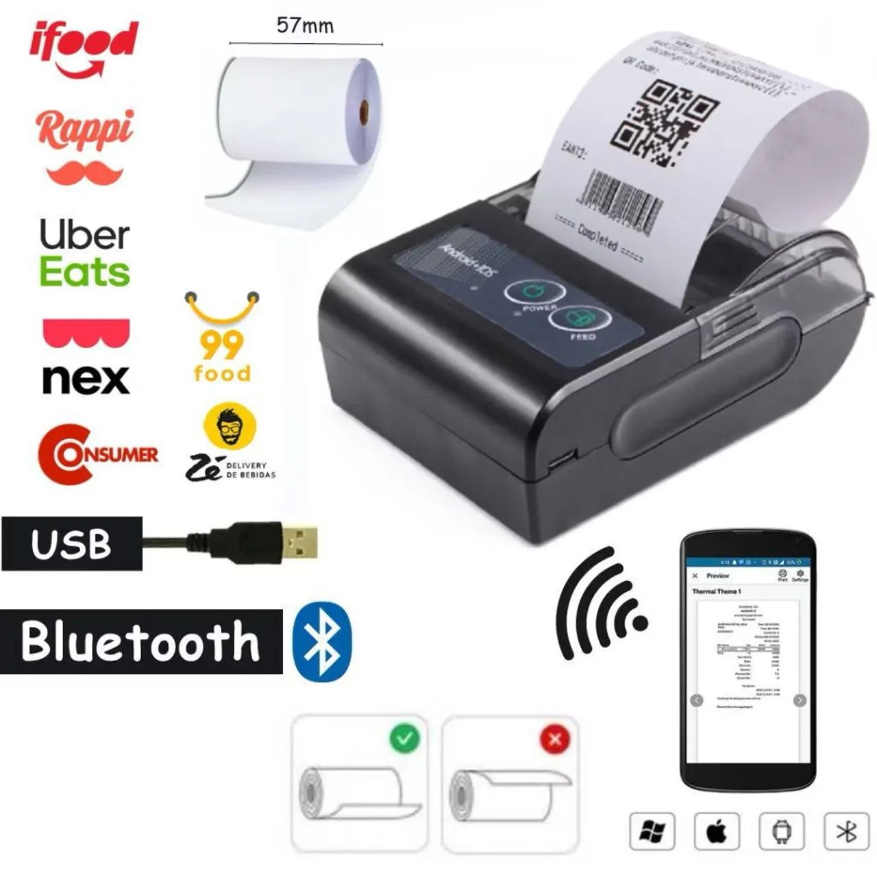 Impressora 58MM térmica Bluetooth para recibos