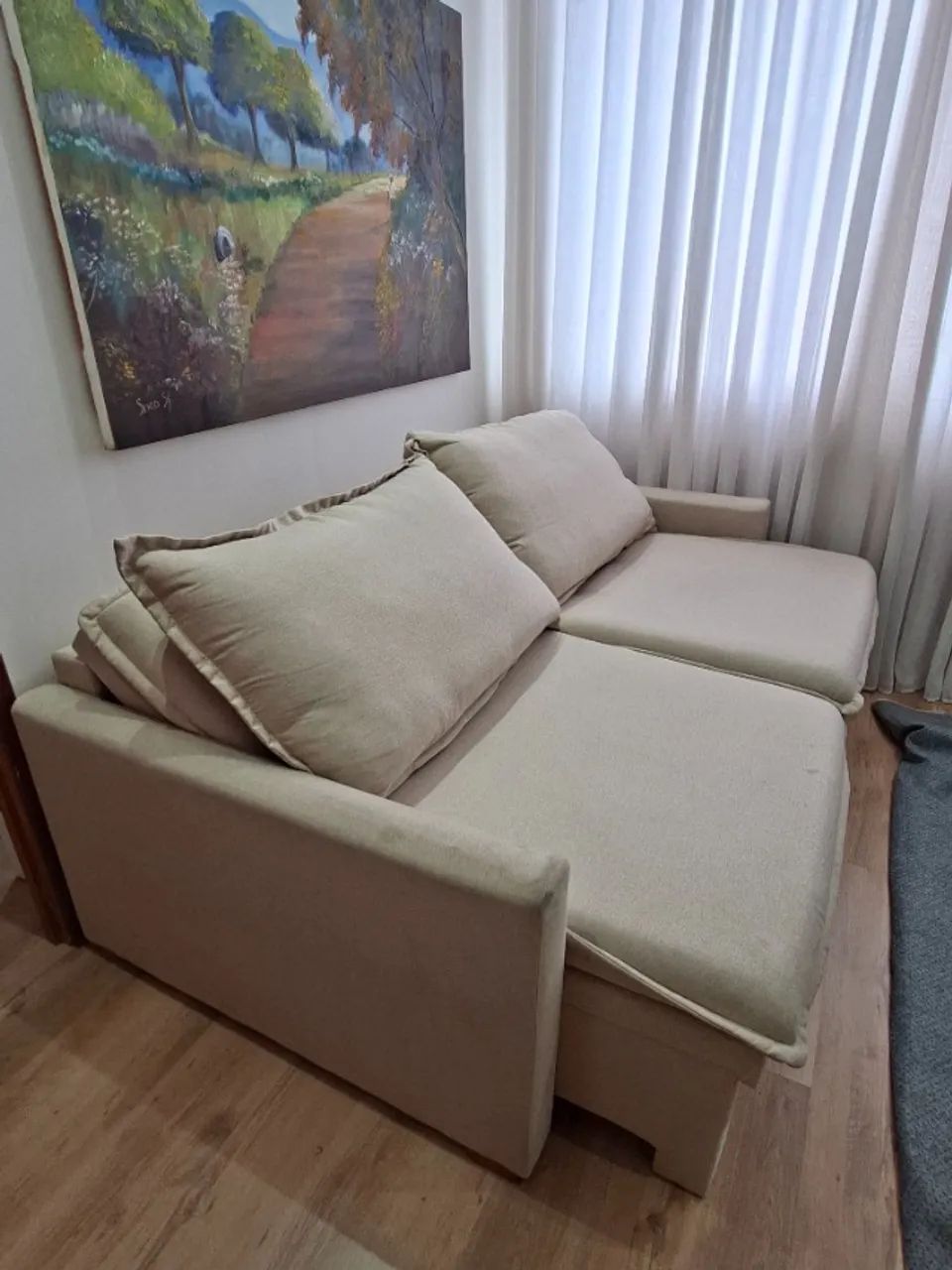 Sofá Retrátil 3 lugares com Baú - Linho Bege - Foto 2