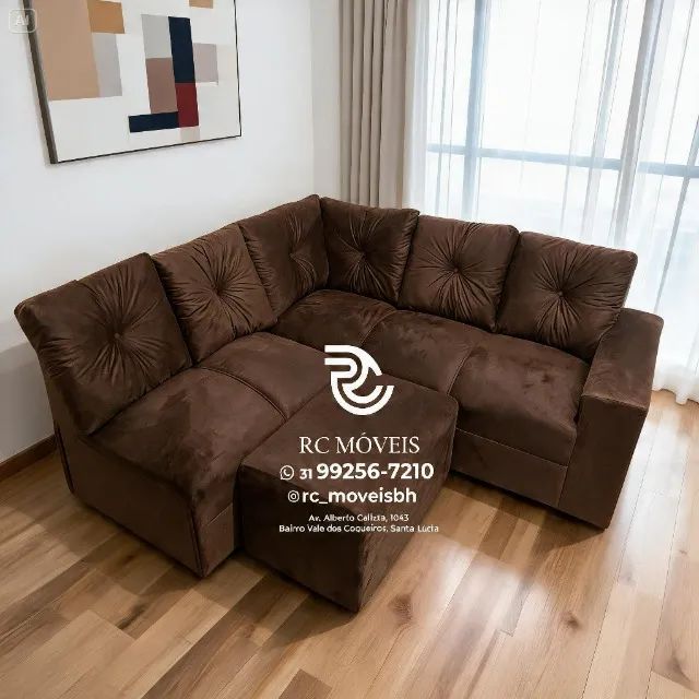 Sofá Canto e Puff Suede Cinza D33 Durável - Foto 4