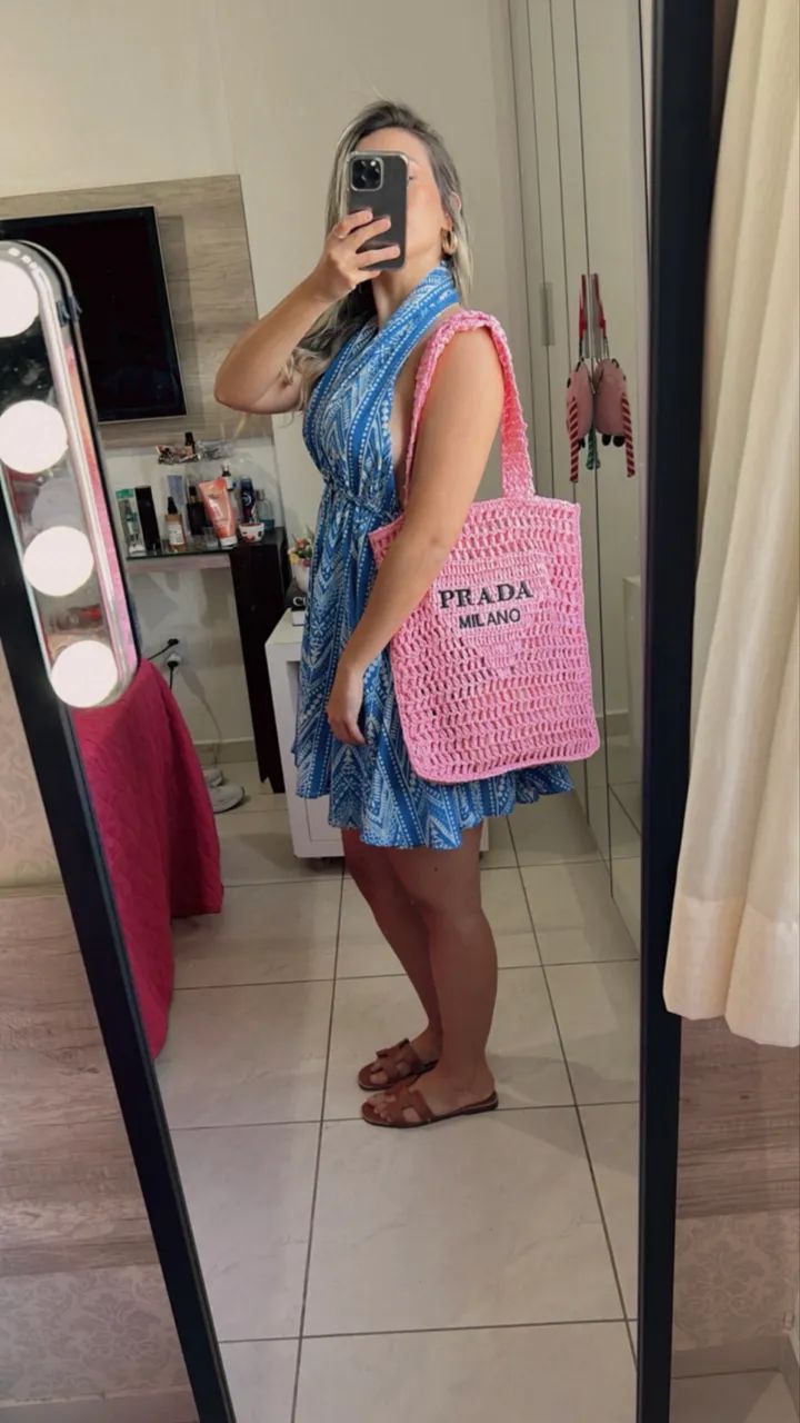 Bolsa em ráfia crochê Prada - Foto 4