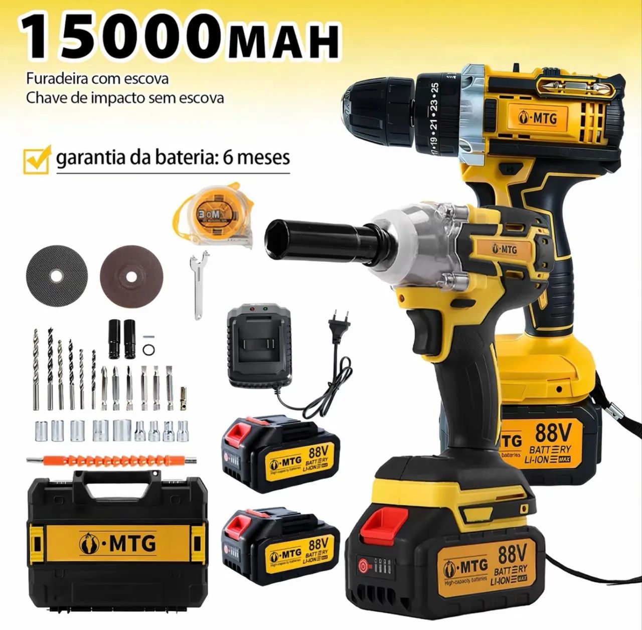Kit Chave de Impacto Sem Escova + Furadeira MTG 88V | 2 Baterias +