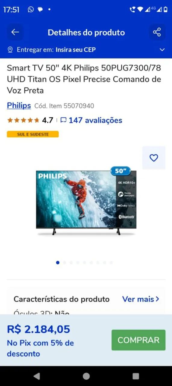 Tv plillips 50 polegadas modelo 50pug7300/78 nova na Caixa  - Foto 3