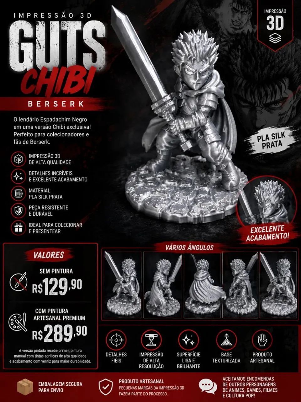 ? Guts Chibi - Berserk | Impressão 3D em PLA Silk Prata