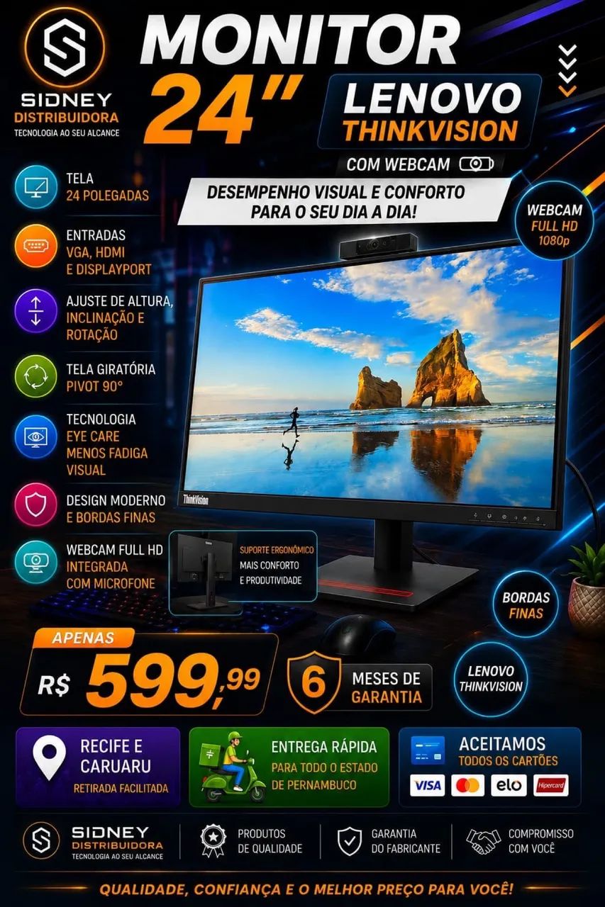 ? MONITOR LENOVO THINKVISION 24? COM WEBCAM FULL HD - APENAS R$ 599,99 - Foto 5