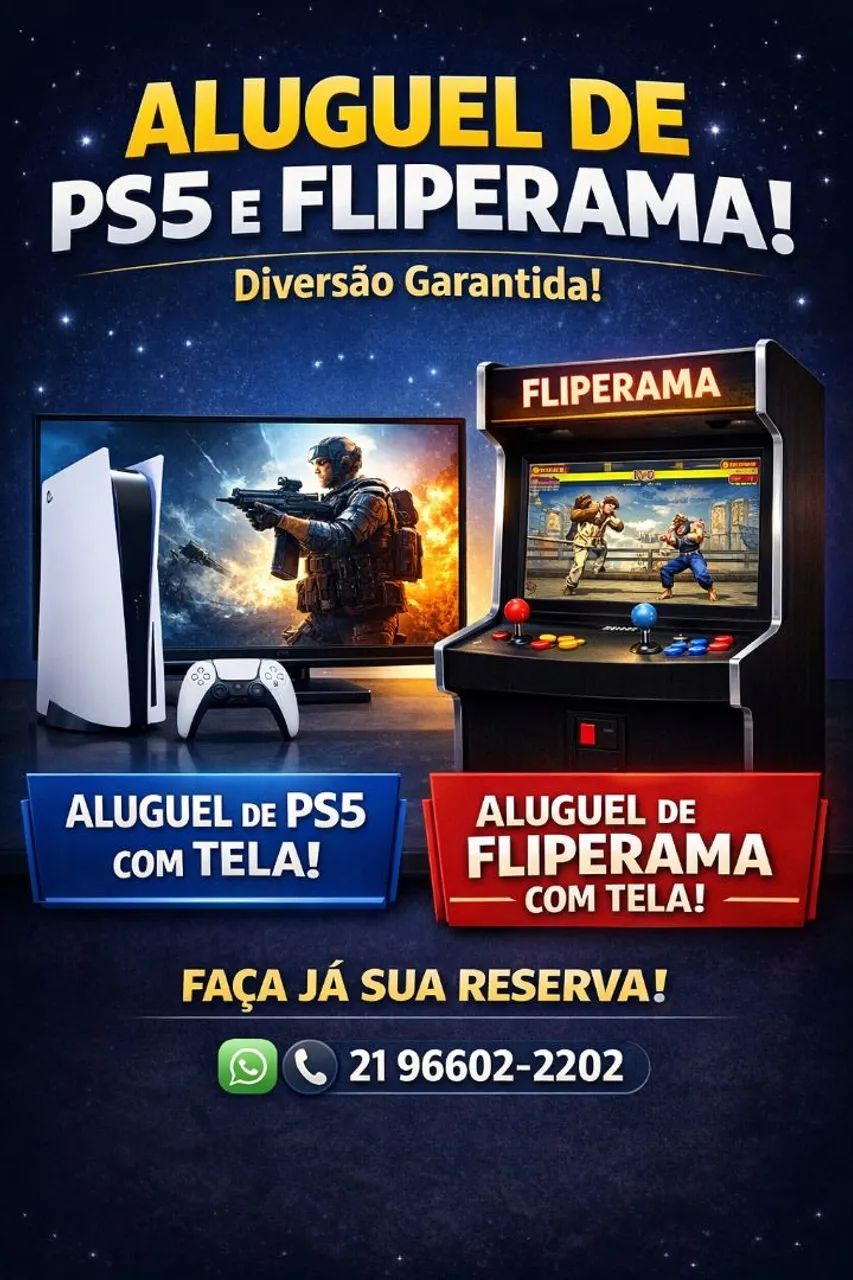 Aluguel de PS5 com tela + Fliperama com 17 mil jogos
