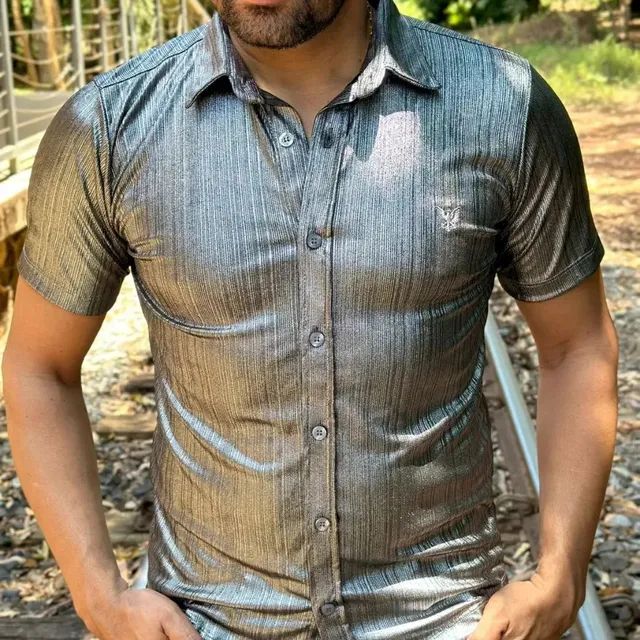 Camisas Manga Curta Slim Malha Lamê 