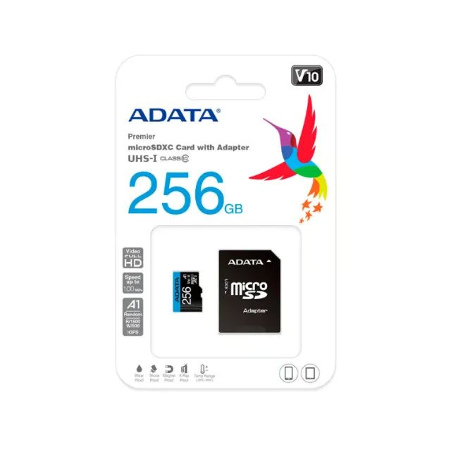 CARTÃO DE MEMORIA 256 GB MICRO SD COM ADAPTADOR SD CLASSE 10 100MBPS ADATA