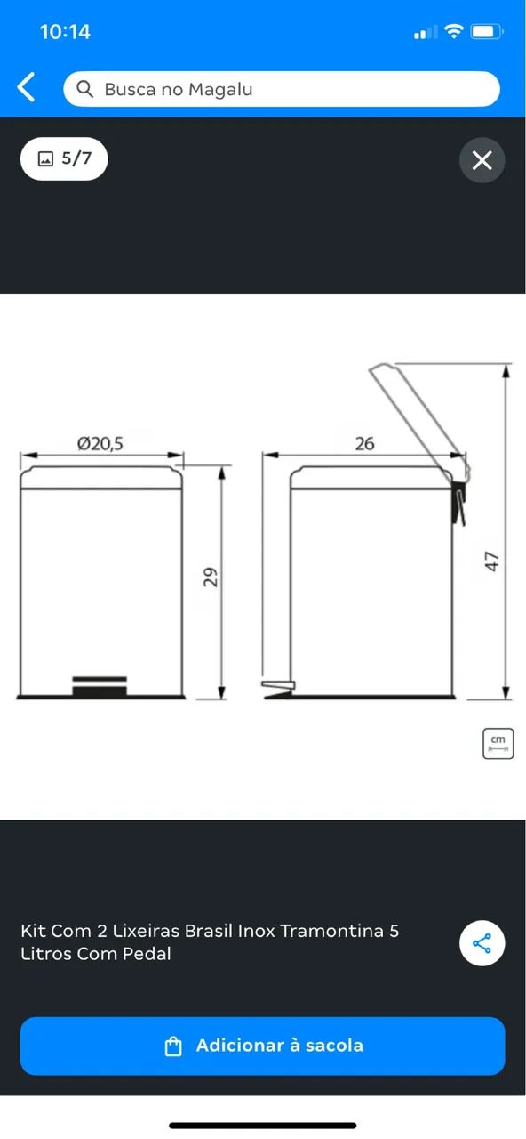 Kit com 2 lixeiras Brasil inox Tramontina 5 litros com pedal  - Foto 2