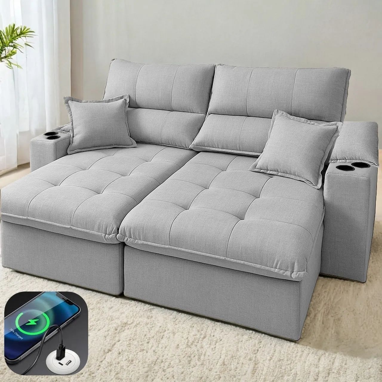 Sofá Retrátil e Reclinável 2,90m USB +Porta Copos c/ Molas Ensacadas tt765 - Foto 2