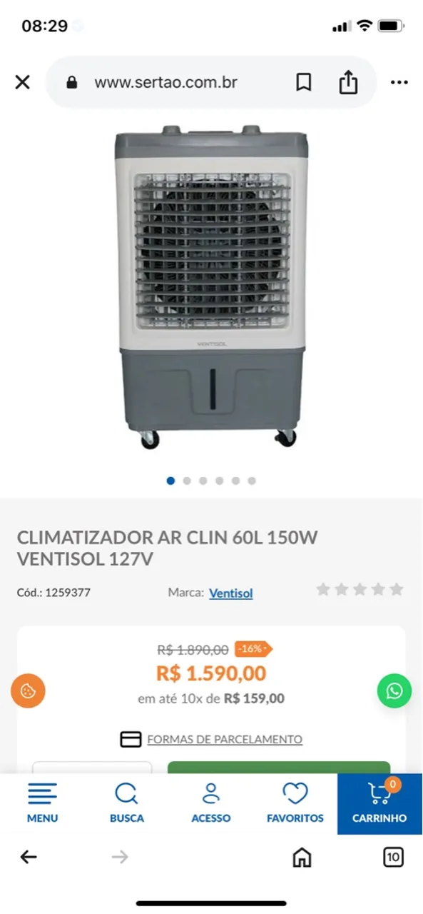 Climatizador de Ar Ventisol 60L 150W 127V