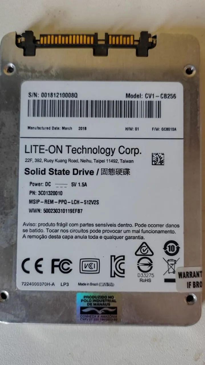 SSD Lite-On 256GB SATA - CV1-CB256
