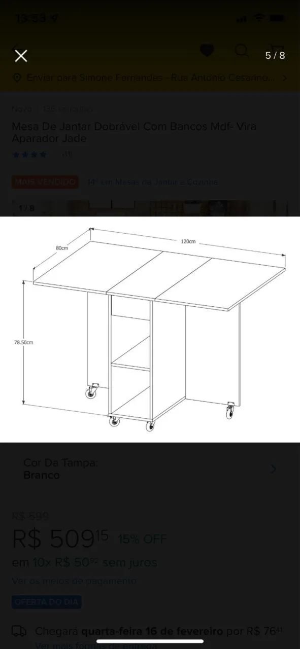 Mesa de Jantar Dobrável/Retrátil com 4 Bancos - MDF Branco - Foto 3