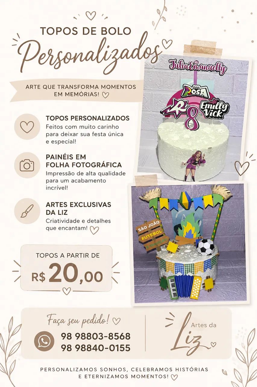 Topos de bolos e personalizados em geral 
