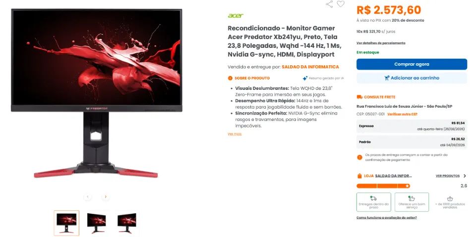 Monitor Acer Predator 144Hz QuadHD 1440P - Foto 2