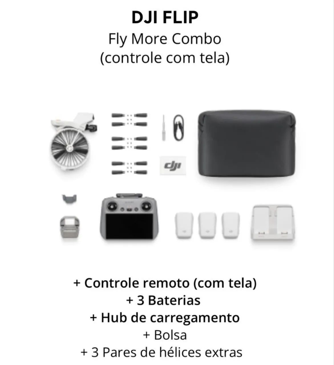 DJI Flip Fly More Combo c/ Controle com Tela + 3 Baterias + 3 pares de hélices + bolsa