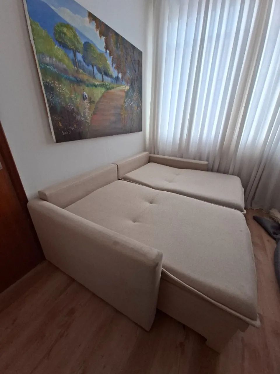 Sofá Retrátil 3 lugares com Baú - Linho Bege - Foto 5