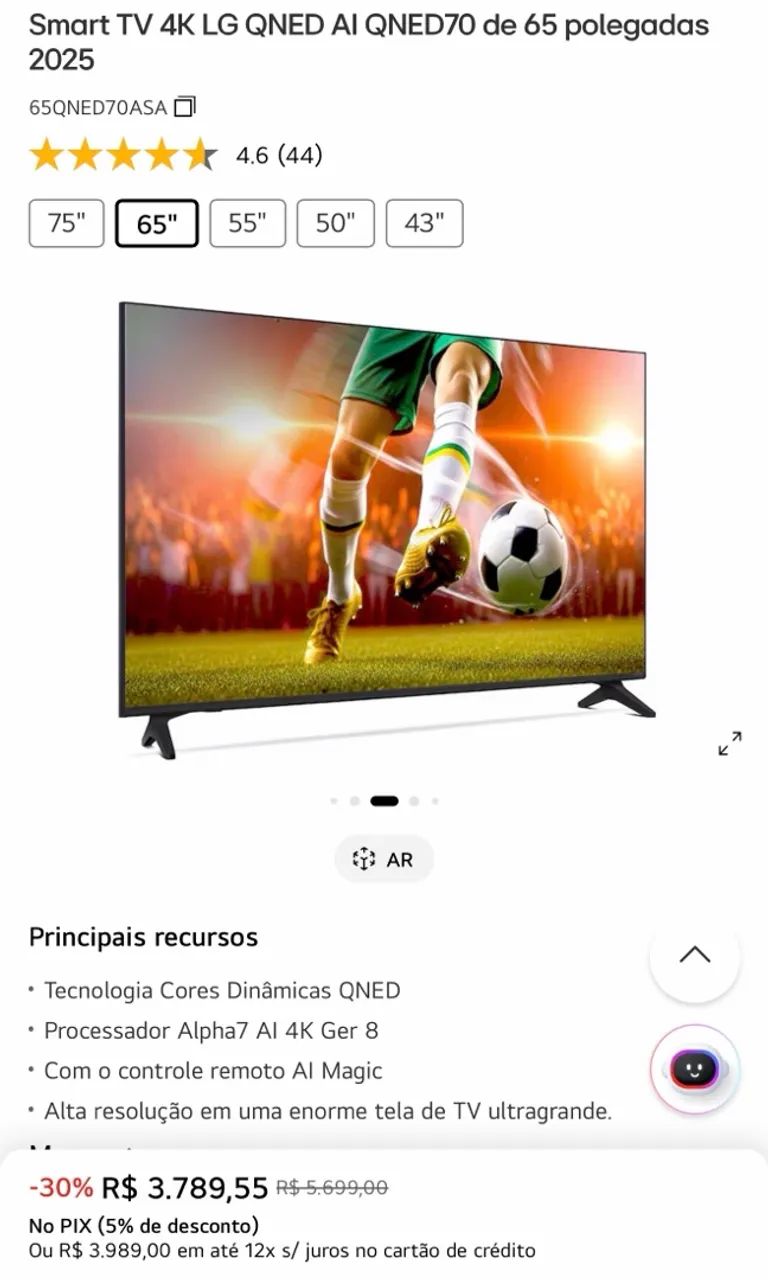 Smart TV 4K LG QNED AI QNED70 de 65 polegadas 2025 - Foto 2