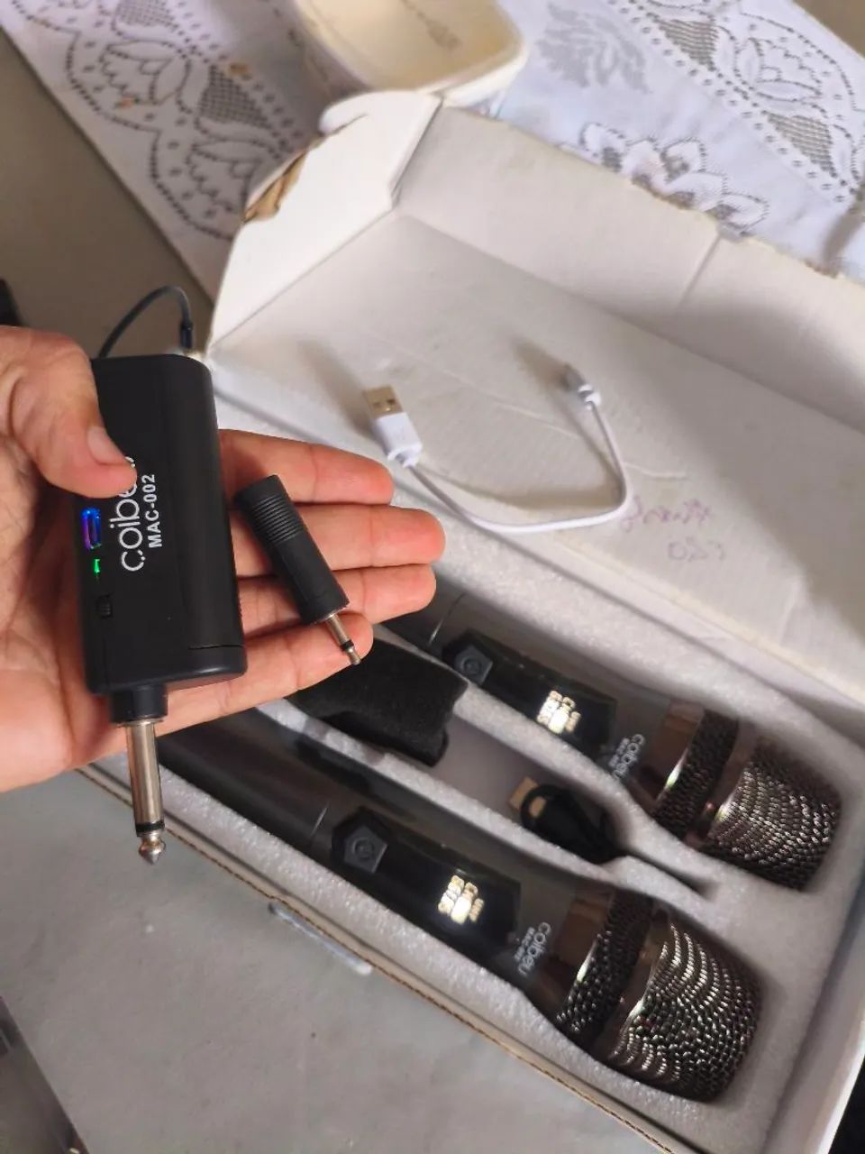 Kit microfone duplo recarregável