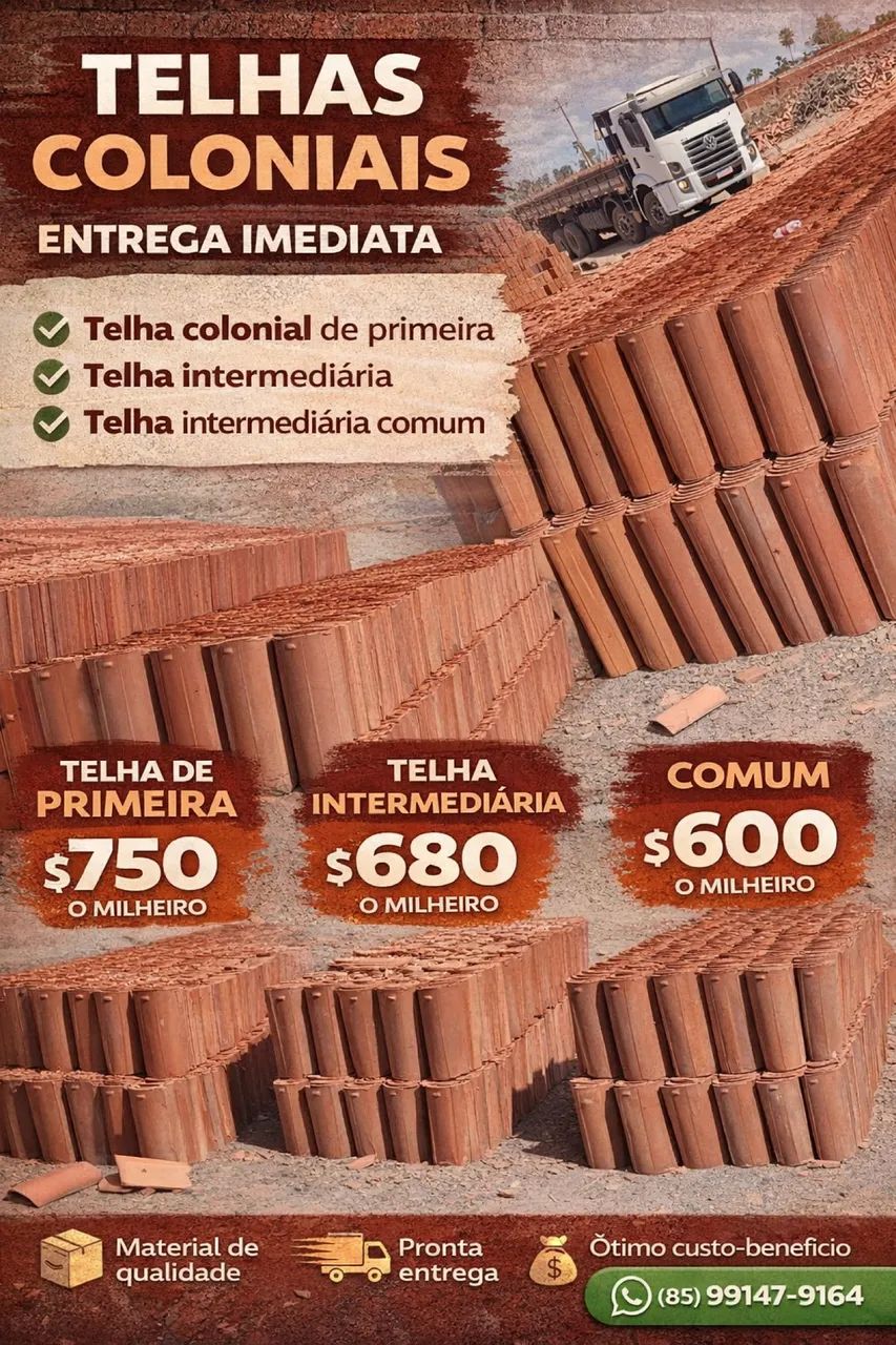 Telhas colonial de primeira, intermediária e comum