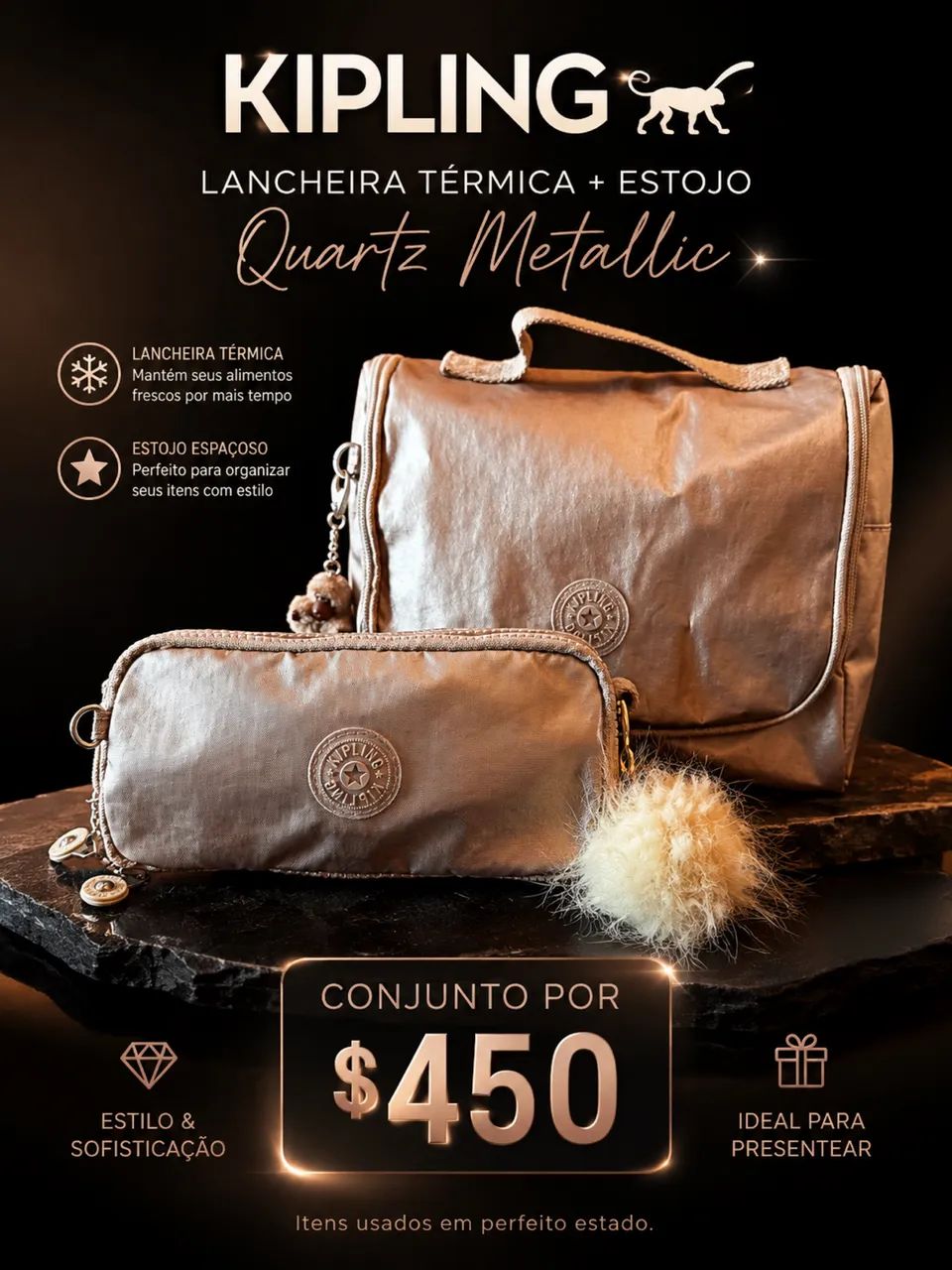 Lancheira térmica + estojo Kipling quartz metallic