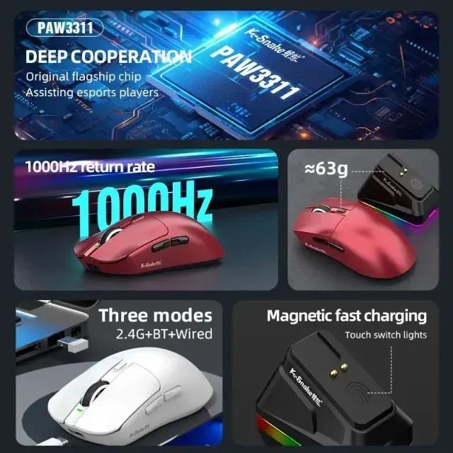 Mouse Gamer K-Snake X11 com Dock  sem fio Trimode 12K DPI- Performance, zero Delay - Foto 4