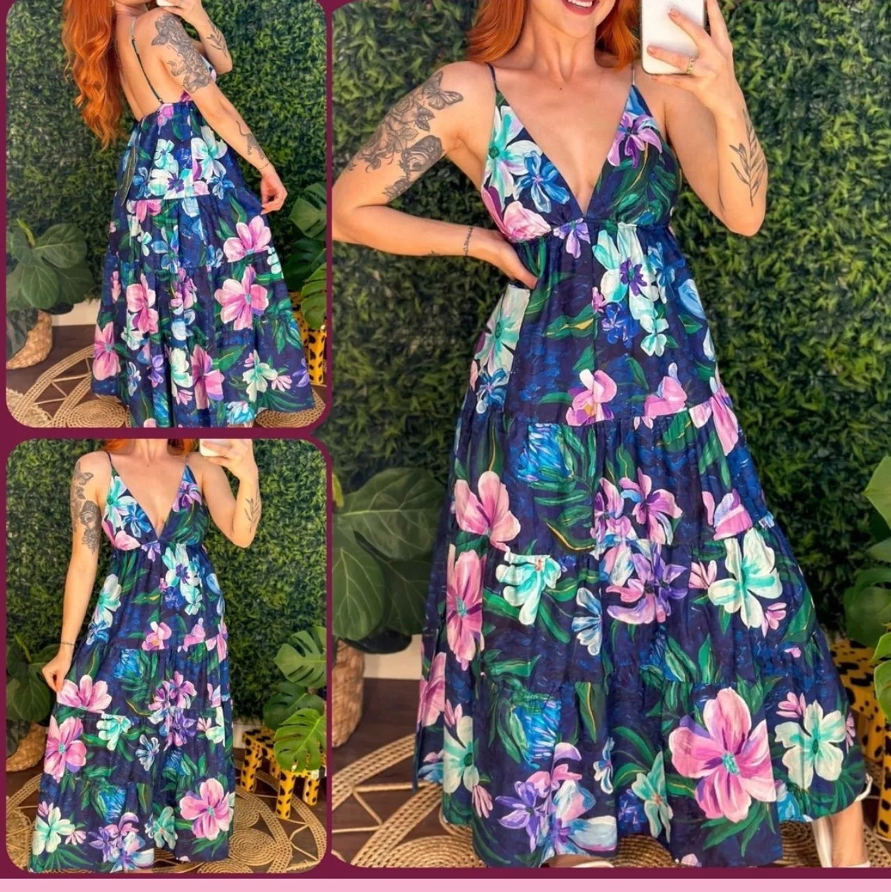 Vestido longo floral com decote em V
