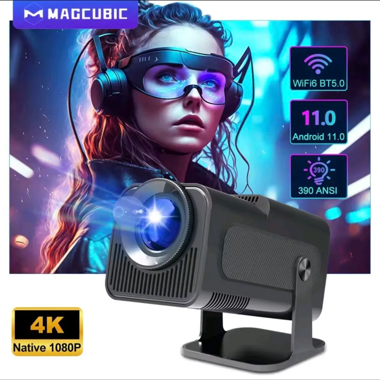Projetor MAGCUBIC HY320 reproduz 4K, 1080p Nativo, Android 11.0, WiFi6 e BT5.0